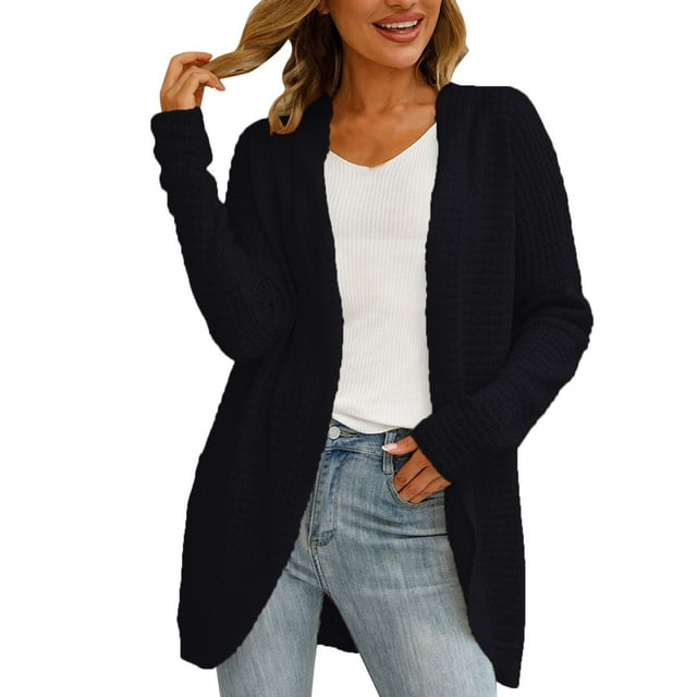 Manteau d'Hiver Automne pour Femmes Cardigan Tricoté Mode Mi-Longueur Manteau Extérieur Solide Chaud Trench Col Rond Tricoté Ample Ouvert devant Manteau