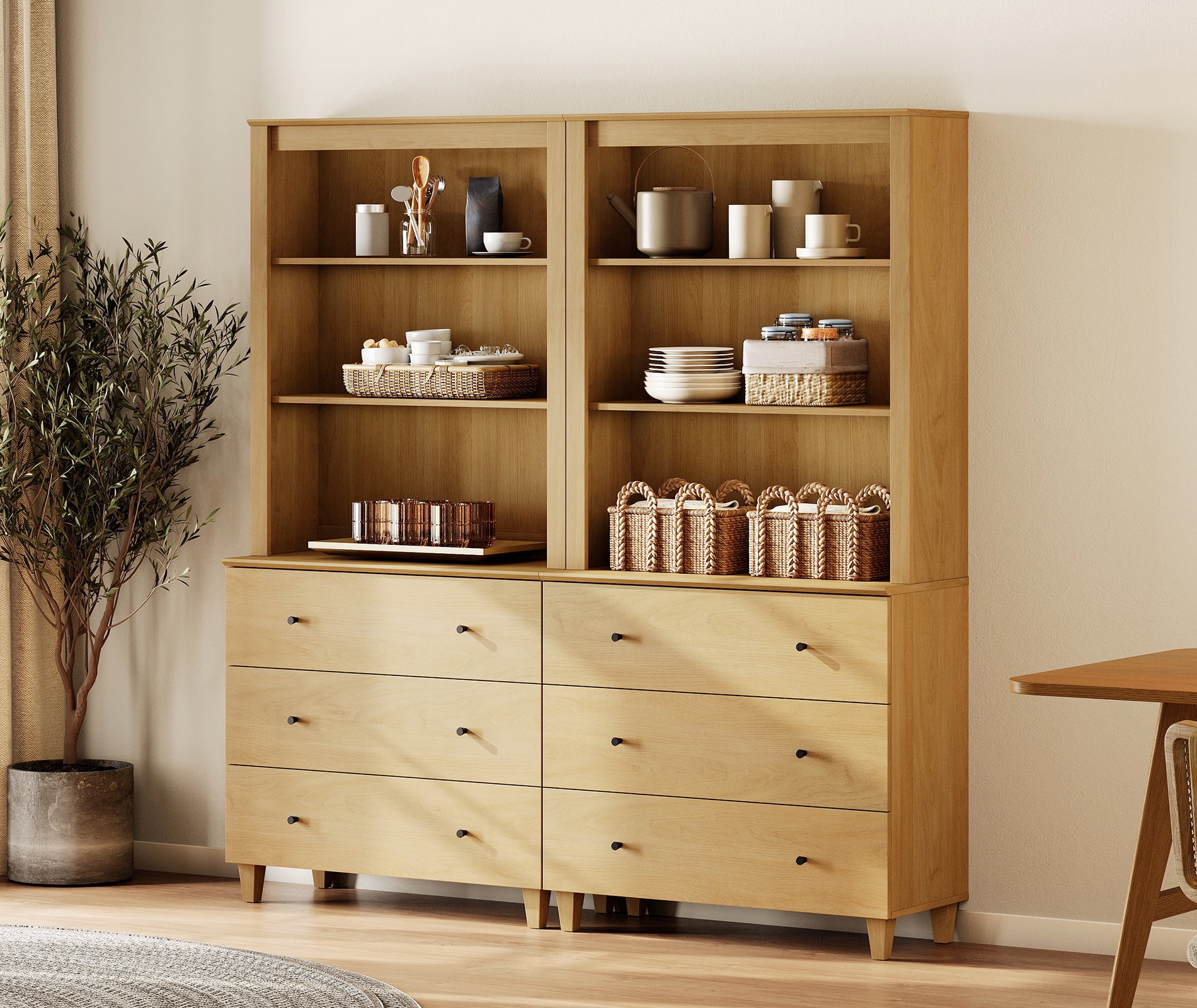 WAMPAT Modern 71" Tall Pantry Cabinet with 6 Smooth-Glide Drawers & Adjustable Shelf for Dining Room, Oak Wood