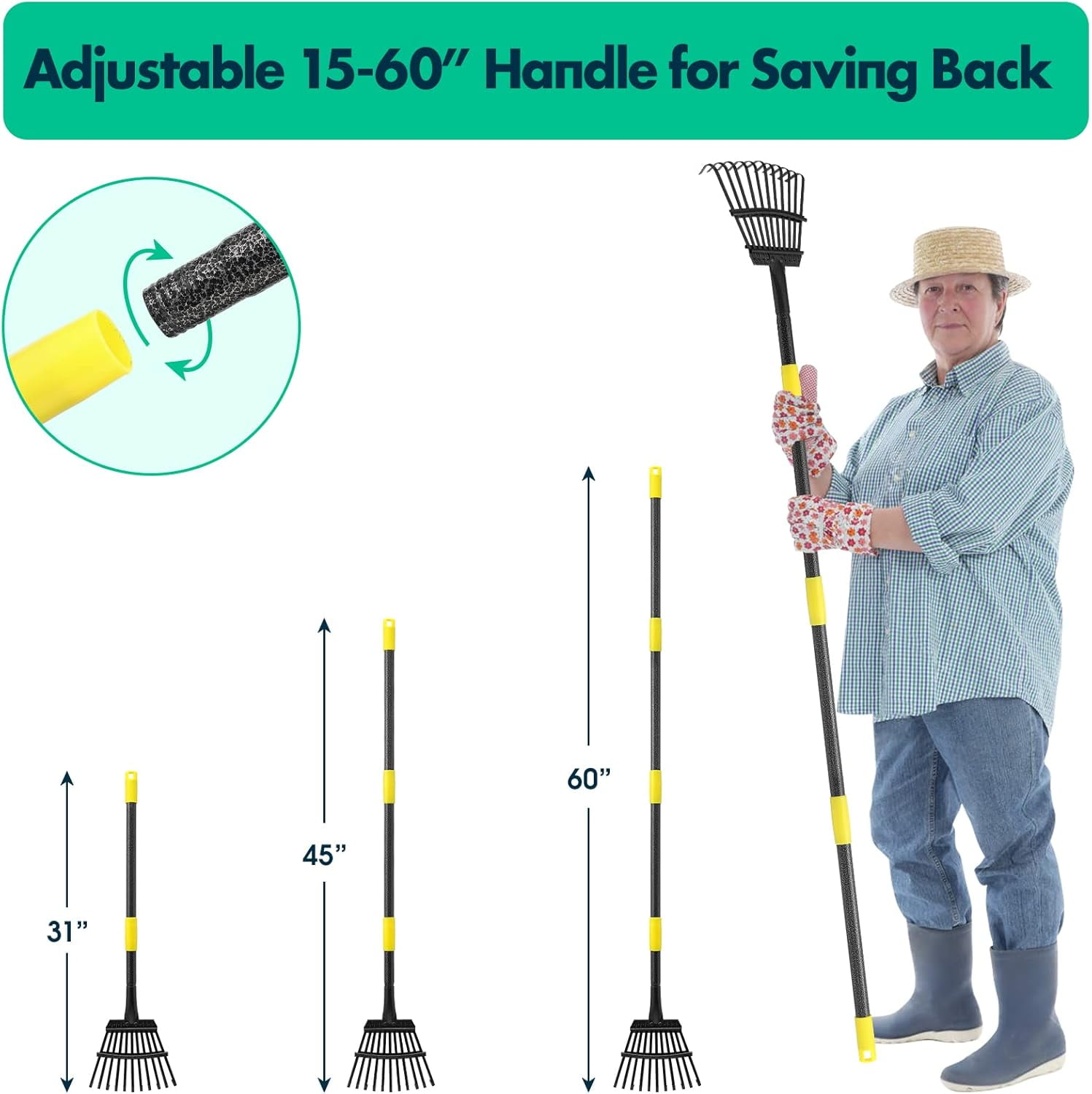 OLIYNEDY 60 inch Heavy Duty Small Garden Rake 11 Metal Tines -8.5 inch Wide, Adjustable Steel Handle