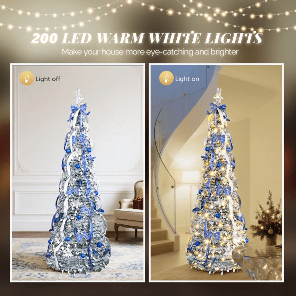 Alvantor 7 ft Fully Decorated Snow-Flocked Pre-Lit Pop-Up Christmas Tree with 200 Warm White LEDs, Remote Control, Blue and Silver Ornaments