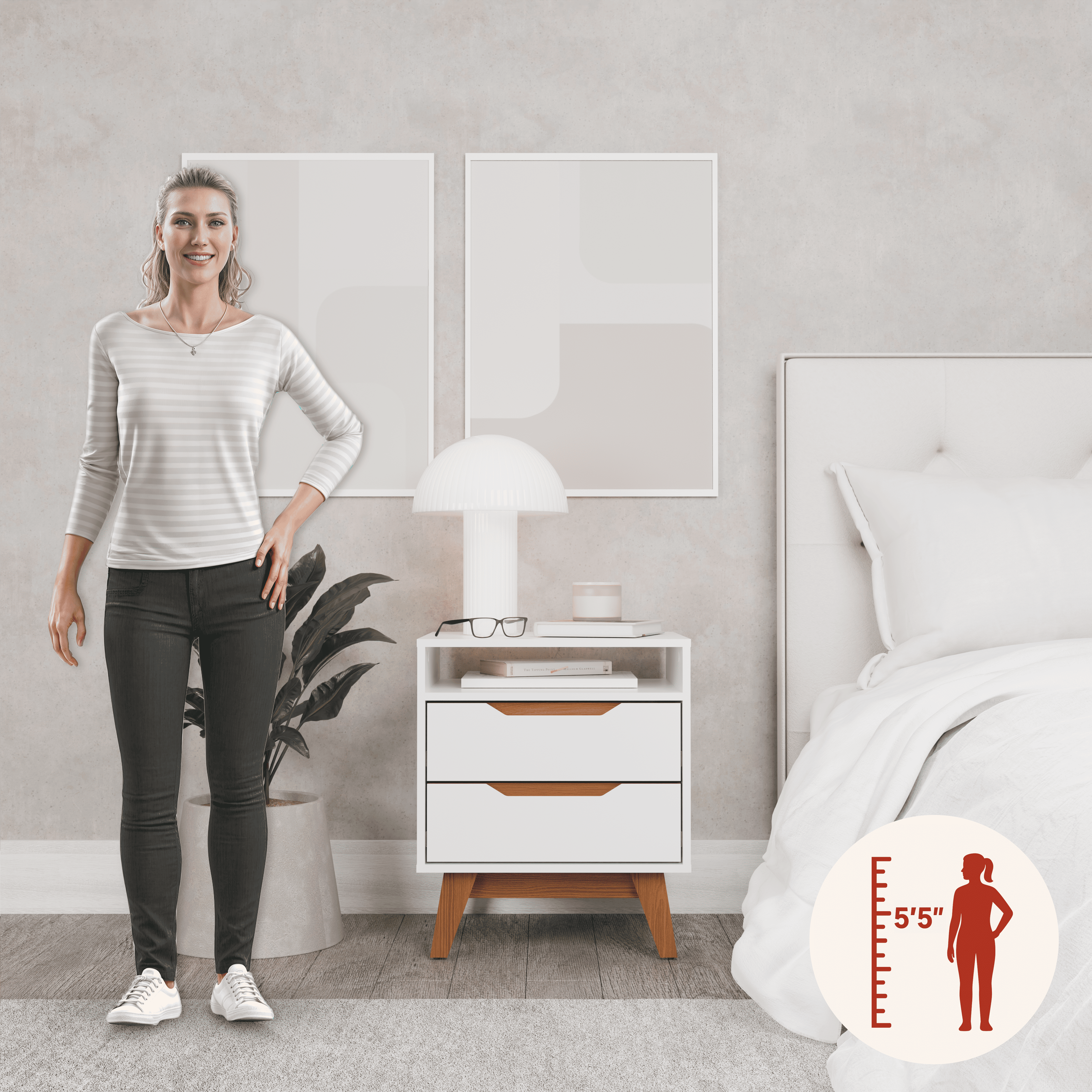 Kappesberg Paris 2-Drawer Nightstand with Open Shelf and Built-In Handles - White - for Adults and Teens
