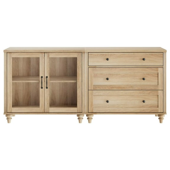 Wooden TV Stand for 75-Inch TV, Entertainment Center with 2-in-1 Sideboard Buffet Cabinet, Glass Door & Drawer for Living Room and Kitchen, Oak Finish