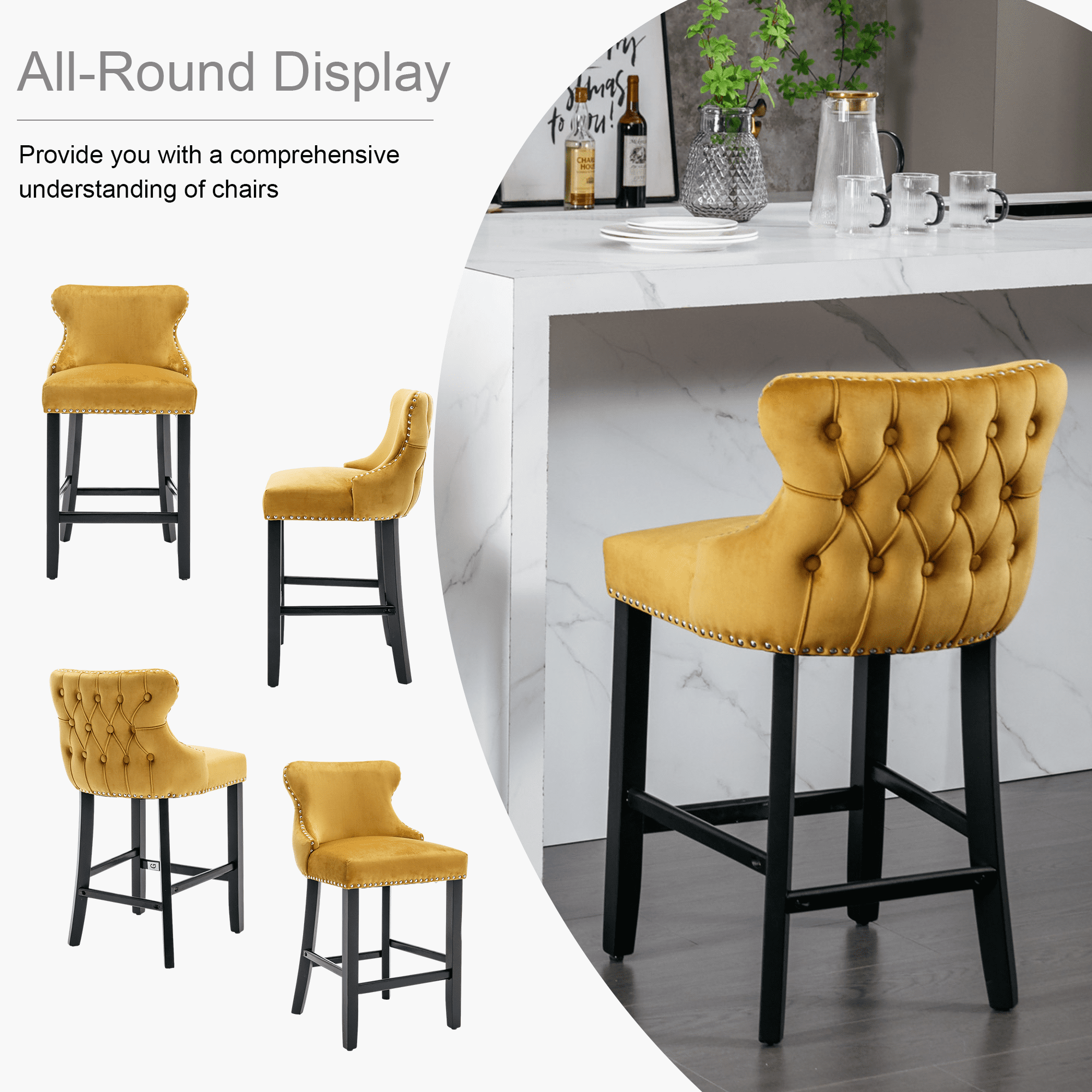 Velvet Counter Height Upholstered Barstools, Bar Stools Seat Height 27", Counter Height Armless Bar Chairs Button Tufted with Solid Wood Legs and Footrest for Kitchen Island Bar Area (Set of 6)