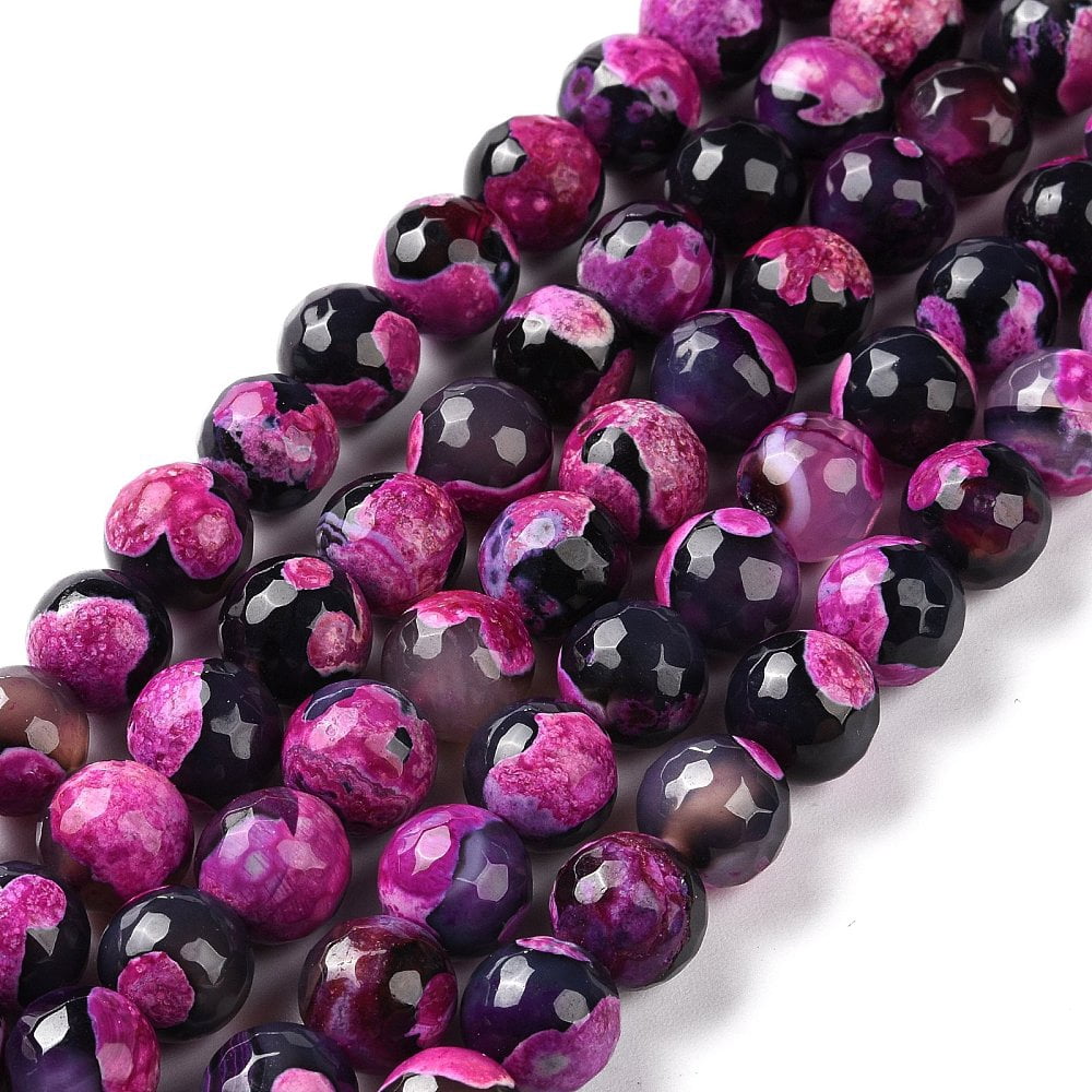 5Strand Natural Fire Crackle Agate Bead Strands Round Grade A Faceted Dyed & Heated Deep Pink 10mm Hole: 1mm 37pcs/strand 15 inch