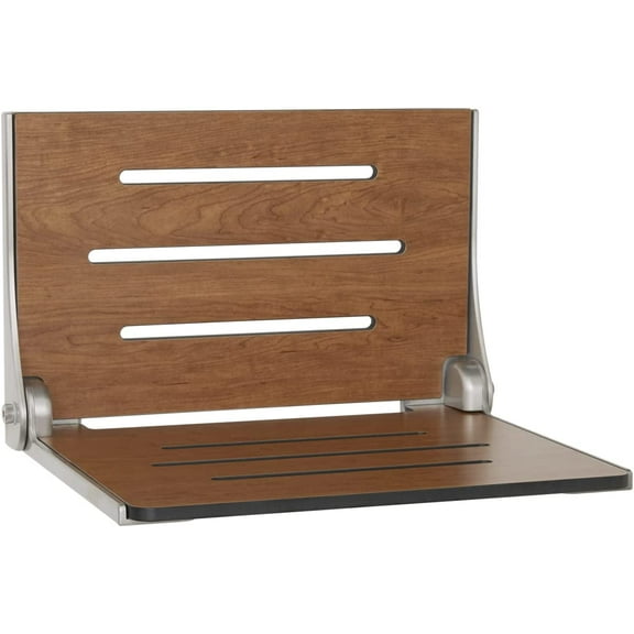 Silhouette Folding Wall Mount Shower Bench Seat, Rustic Teak Seat with Matte Black Frame