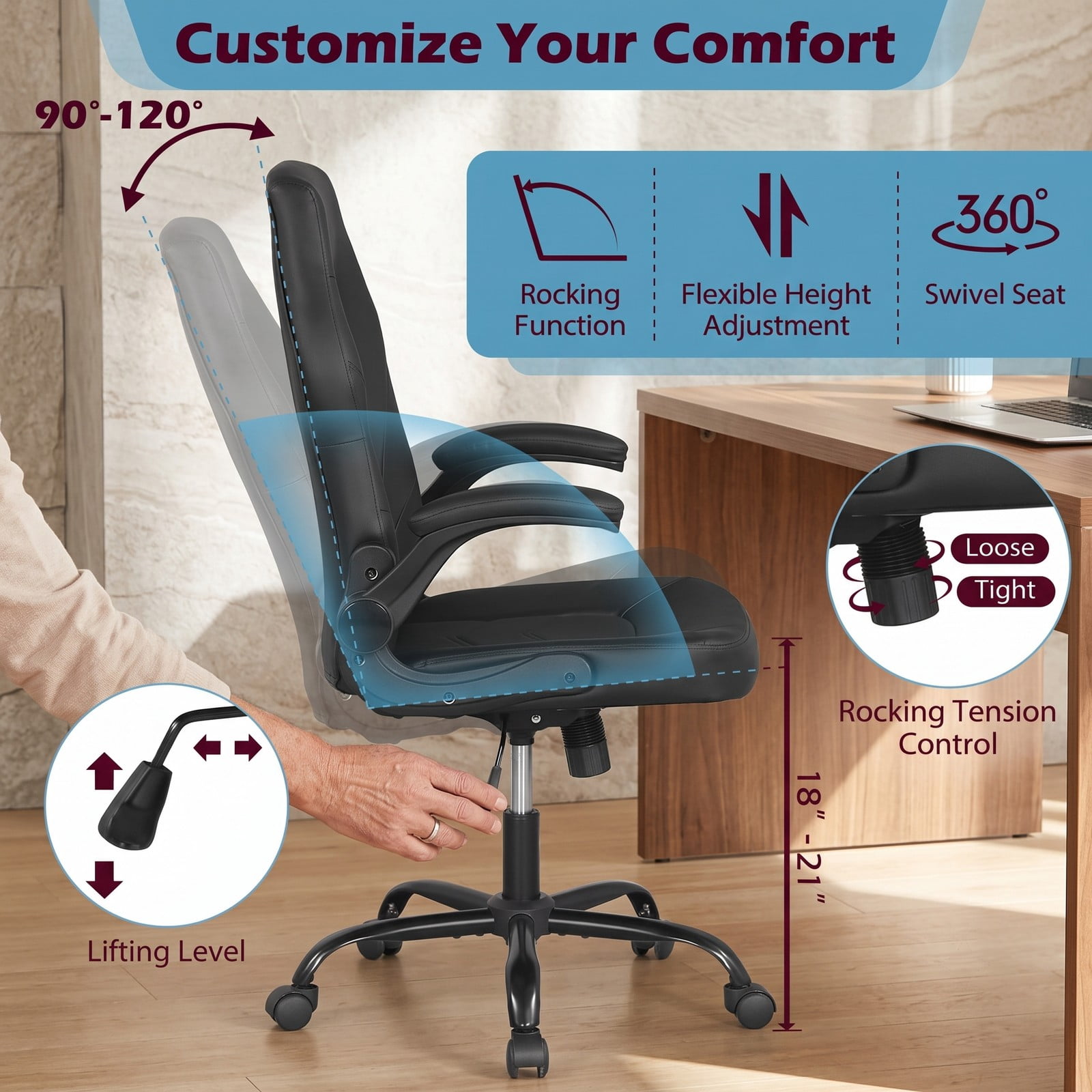 Furnibear Ergonomic Leather Office Chair, High Back Executive Computer Desk Chair with Flip-up Armrests, Adjustable Height Swivel Task Chair, Rolling Rocking, Black