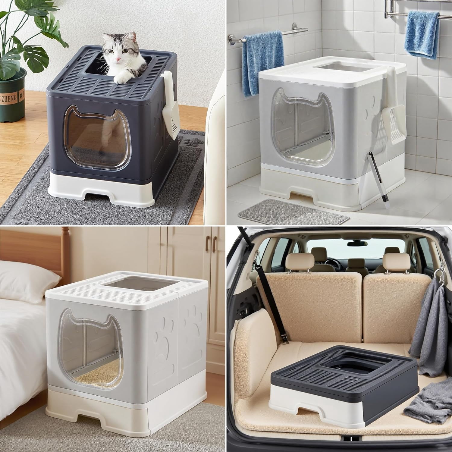 Cat Litter Box with Lid, Top Entry Kitten Litter Box with Controlled Access, Covered Enclosed Cat Potty Odor Control for Small to Medium Cats, Scoop and Clean Brush Included (Grey)