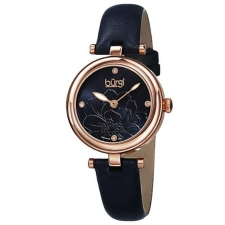 - Burgi Women's Quartz Diamond Markers Etched Flower Dial Leather Strap Watch