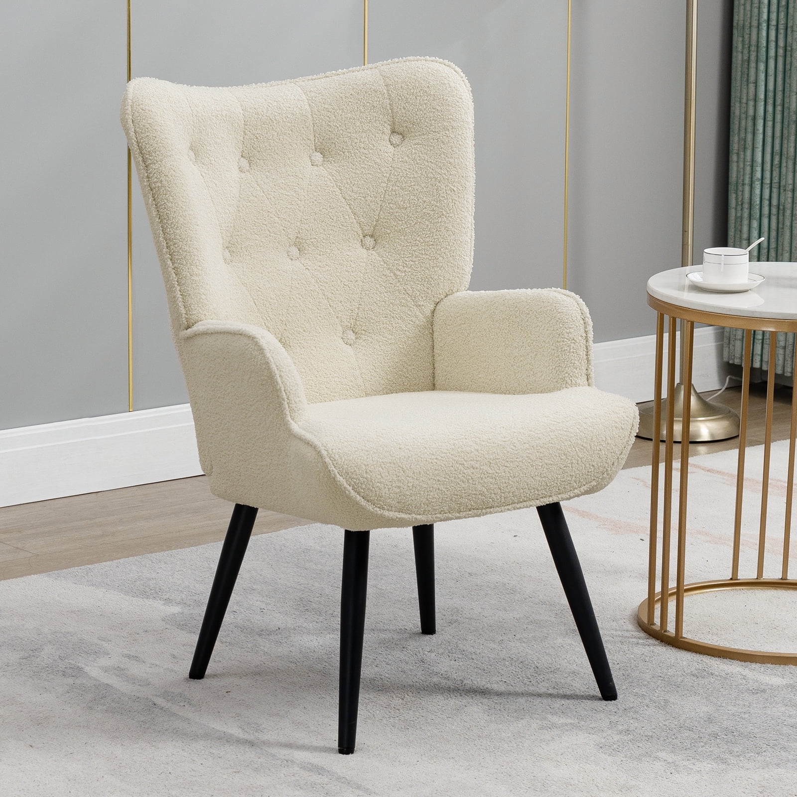 Ivory White Sherpa Accent Chair Modern Tufted Button Wingback Vanity