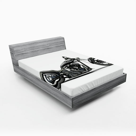 Manly Fitted Sheet, Custom Motorcycle Horsepower Adventurous Journey Freedom Ride Masculine Vehicle, Decorative Soft Bedding All-round Elastic Pocket, California King, Grey Black White, by Ambesonne