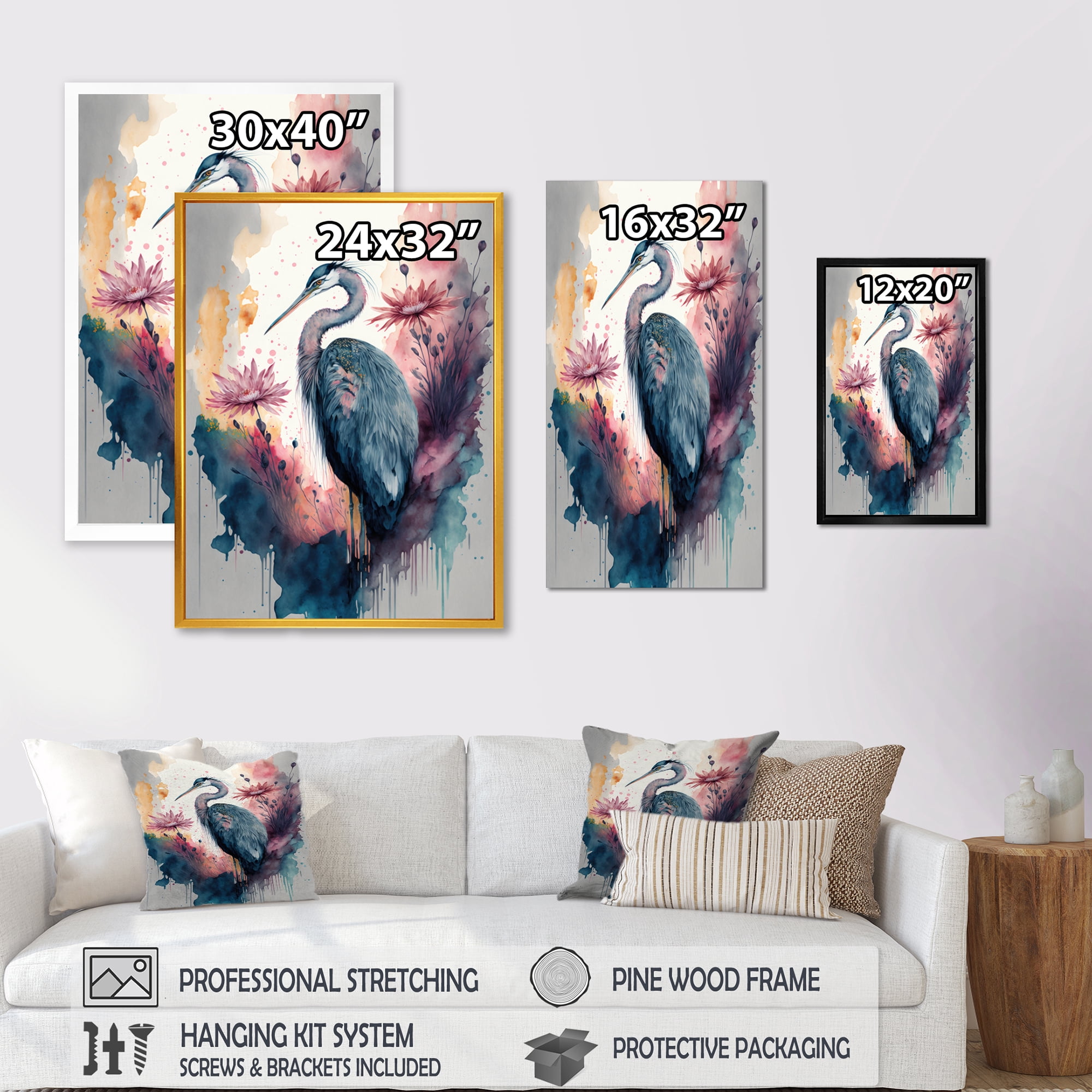 Designart Cute Heron Floral Art IV Canvas Wall Art