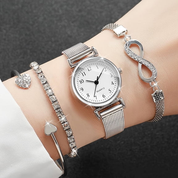 Women’s Gift Watch Set: Stylish Casual Quartz Wristwatch with Digital Dial, Classic and Elegant, Plus Bracelet; 4pcs Set (watch Box Not Included).