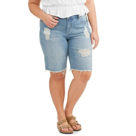 Junior's Plus Distressed Raw Hem Bermuda Shorts