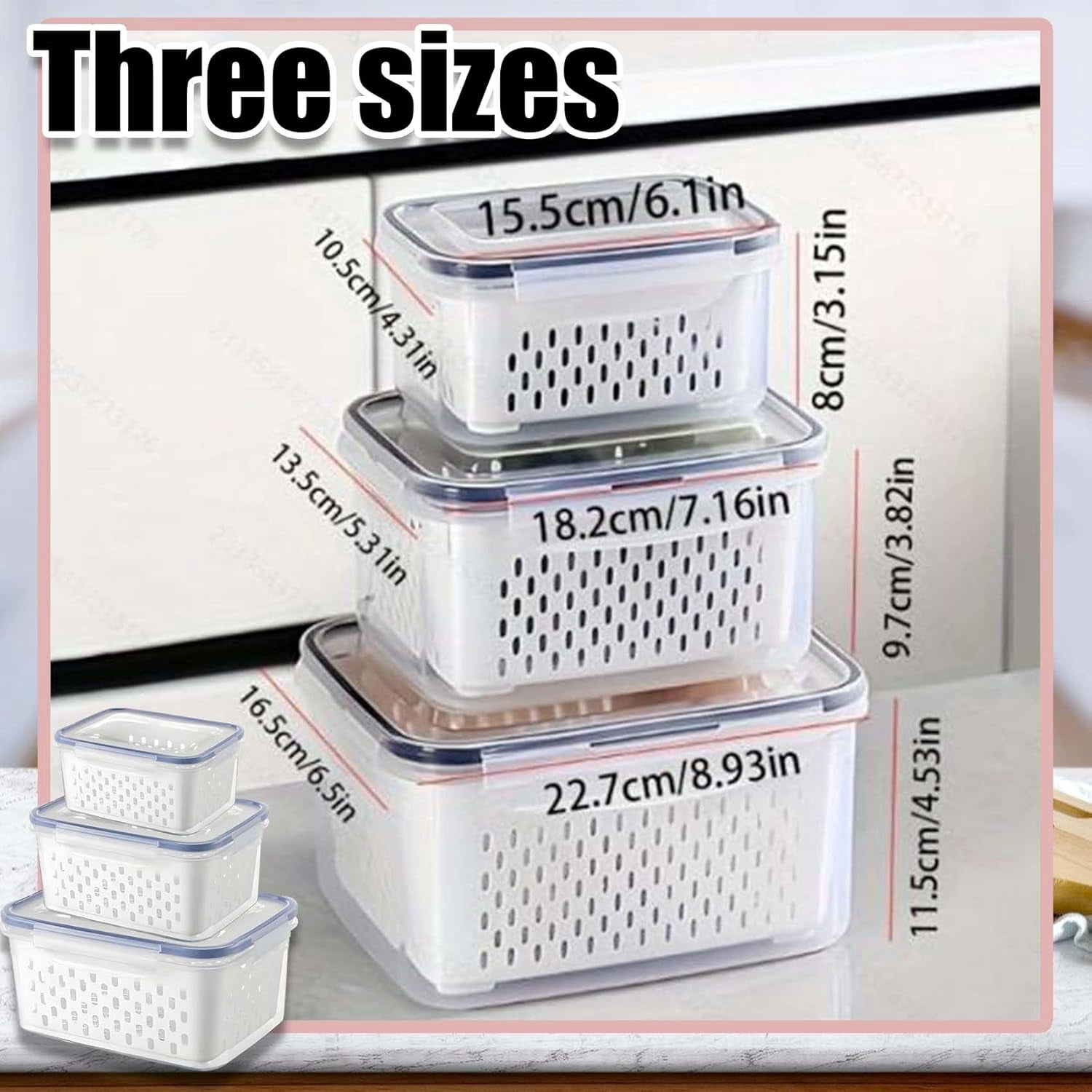 Household Transparent Plastic Food Storage Box-Including Drain Basket, Produce Storage Box with Drain Basket (Gray*Large)
