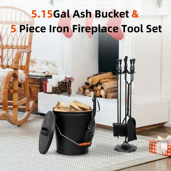 HomGarden 5.15Gal Galvanized Ash Bucket W/ Shovel   5Pcs Iron Fireplace Tool Set  7"L x 7"W x 30.7"H