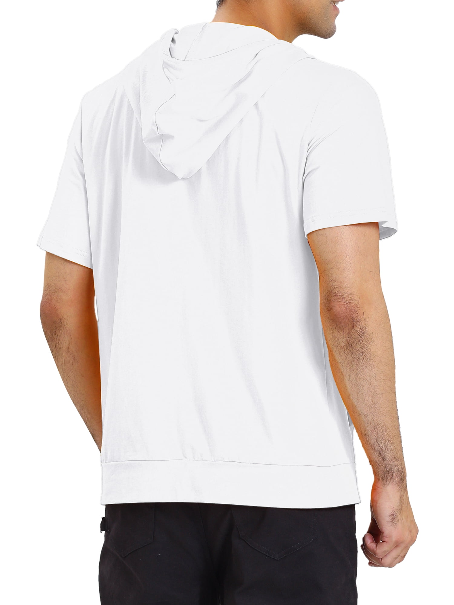 Unique Bargains Men's Short Sleeve Solid Color Zip Up Sport Hoodies L White