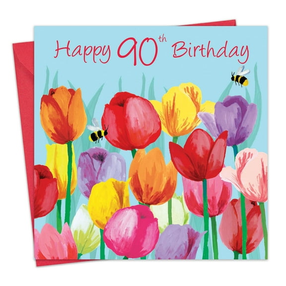 Twizler 90th Birthday Card for Women - Tulips Floral - Female Age 90 Year Old Happy Birthday Card for Her