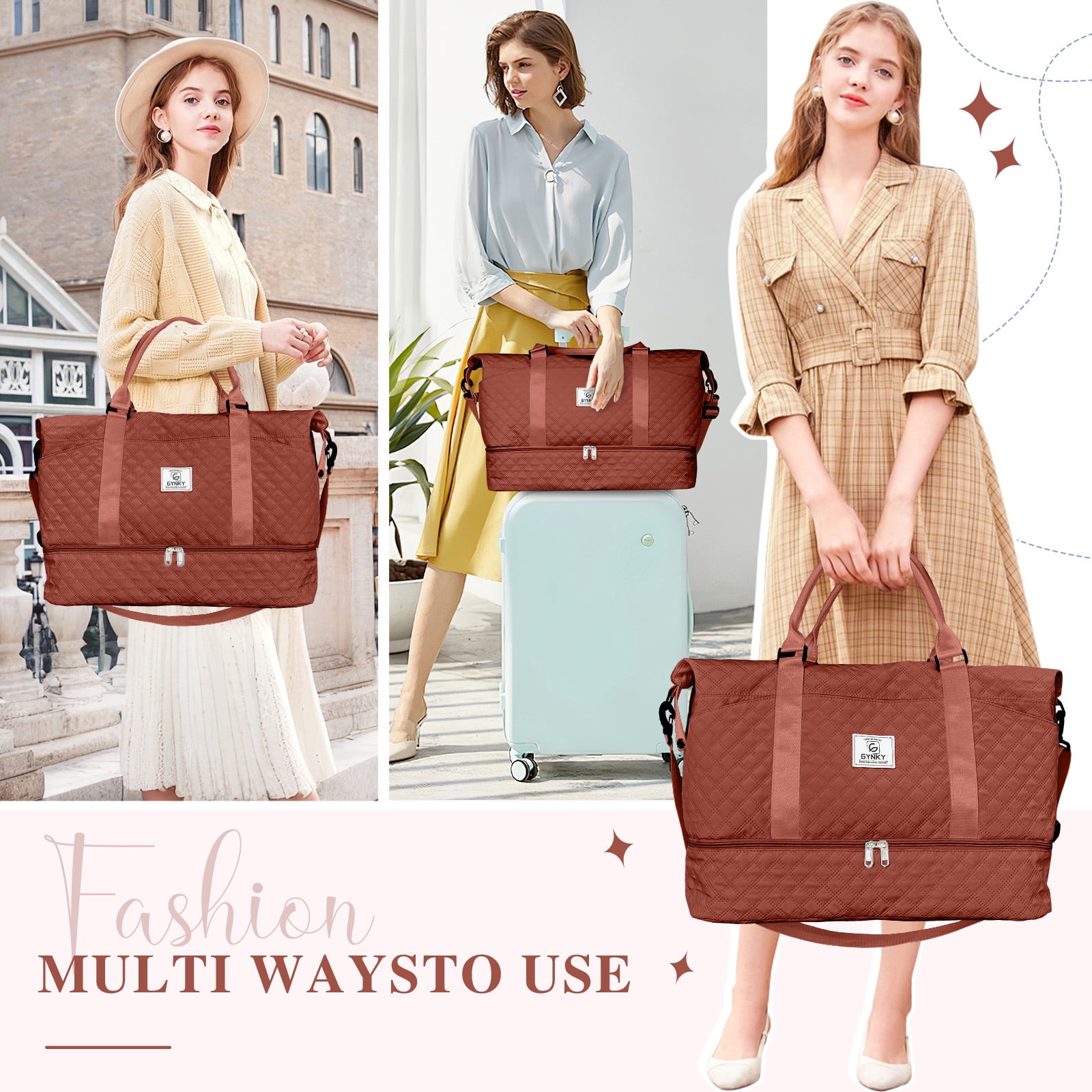 Gynky Travel Duffle Bag Weekender Bags for Women with Shoe Compartment Carry on Overnight Bag Gym Duffel Bag with Wet Pocket Hospital Bags for Labor and Delivery