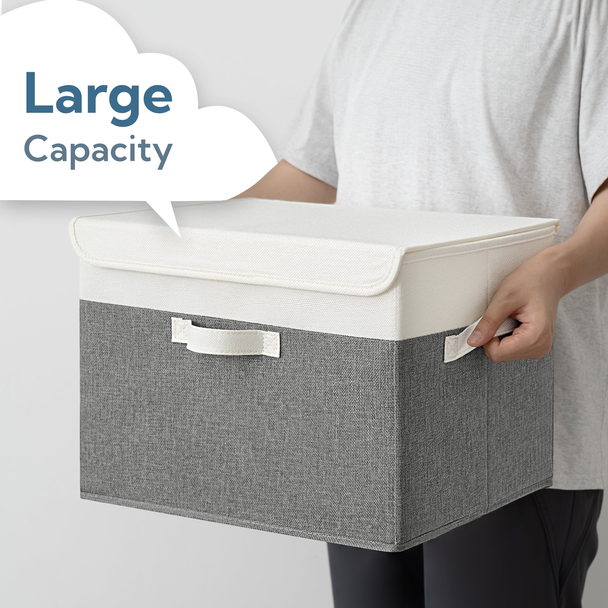 Granny Says Collapsible Storage Bins with Lids, Decorative Storage Basket for Shelves, Toy, Closet, White&Gray, 2-Pack