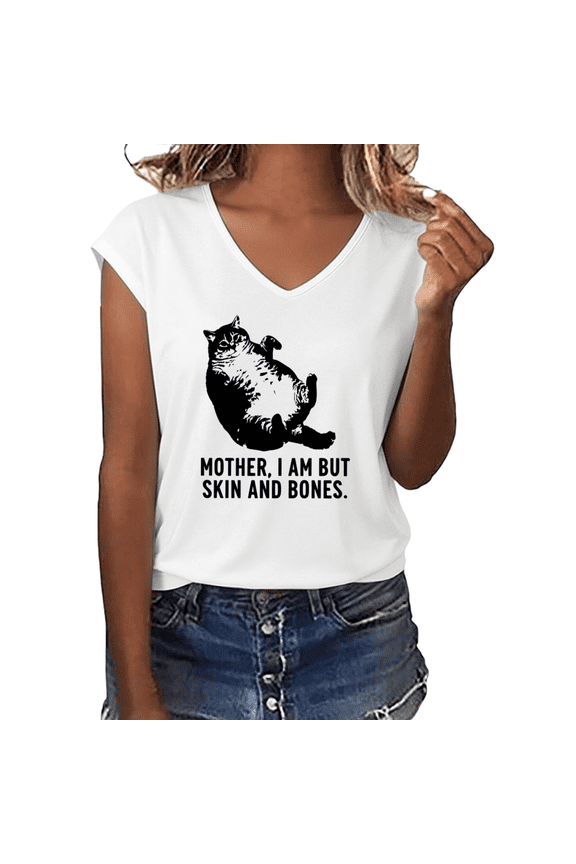 Women's Chonky Fat Cat Skin And Bones Funny Quote Graphic V-Neck Short Sleeve Casual Humor Pet Meme T-Shirt Top