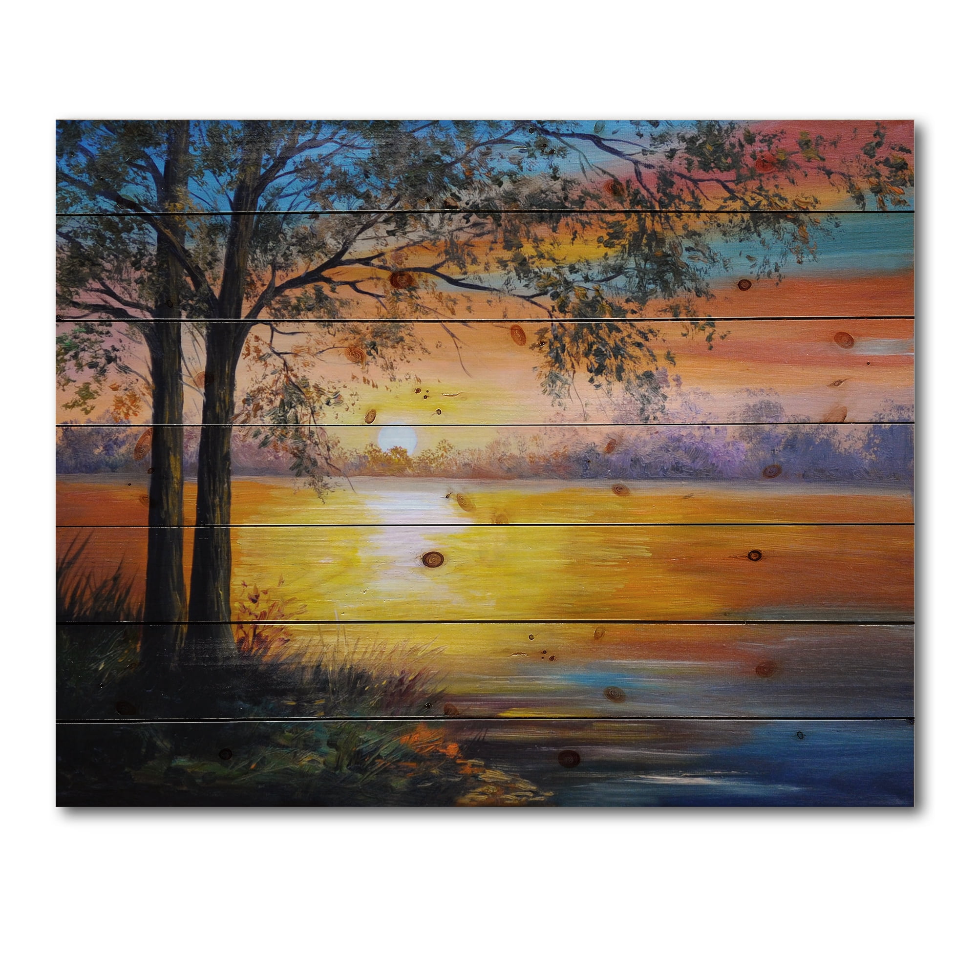 Designart 'Tree Near The Lake in Evening' Traditional Print on Natural Pine Wood
