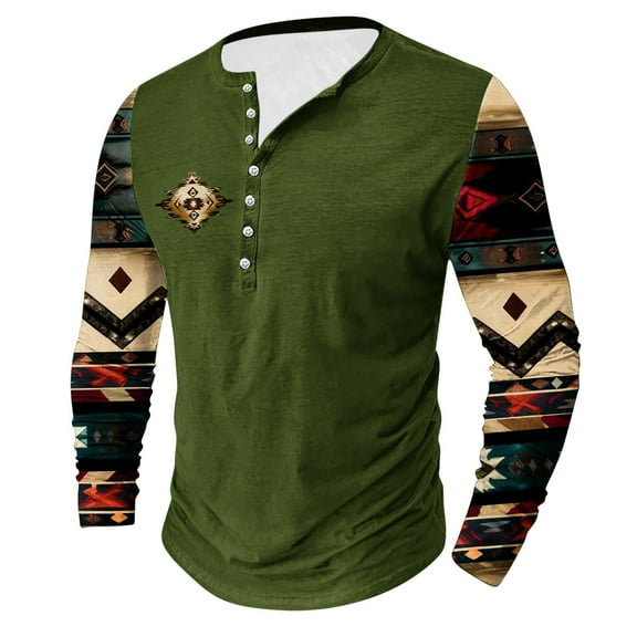 Goodtrade8 Plus Size Tops for Men Casual Plus Size Button Green Printed Long Sleeve Crew Neck Winter Shirts for Men
