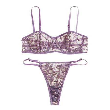 

Tangnade Ladies casual underwear bra G-string Flowers Embroidery Bralette Lace Bra Bustier Lingerie Thong Purple M