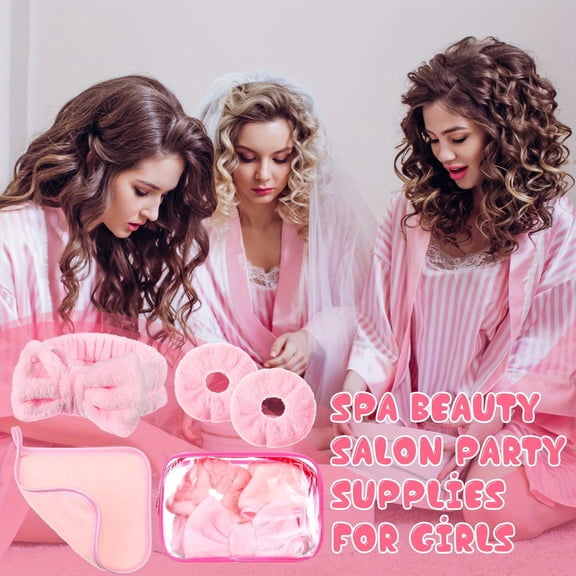 24Pcs Sleepover Party Favors Spa Party Supplies, Pink Spa Headbands and Velvet Hairbands Set with Makeup Removal Wipes, Clear Makeup Bags, Plastic Fabric Polyester for Birthday, Beauty Theme Parties