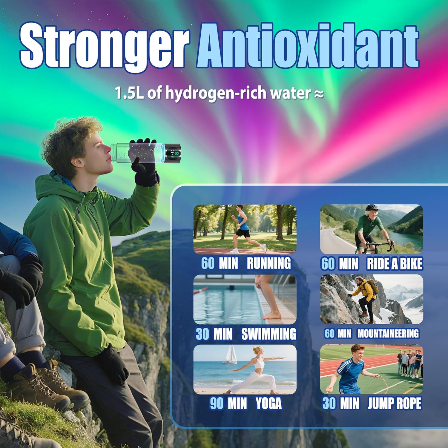 LC-dolida Hydrogen Water Bottle, 460ml SPE/PEM, Borosilicate Glass with LED Display, Rechargeable Leak-Proof Hydrogen Water Maker for Home, Office, Gym, Travel (Black）