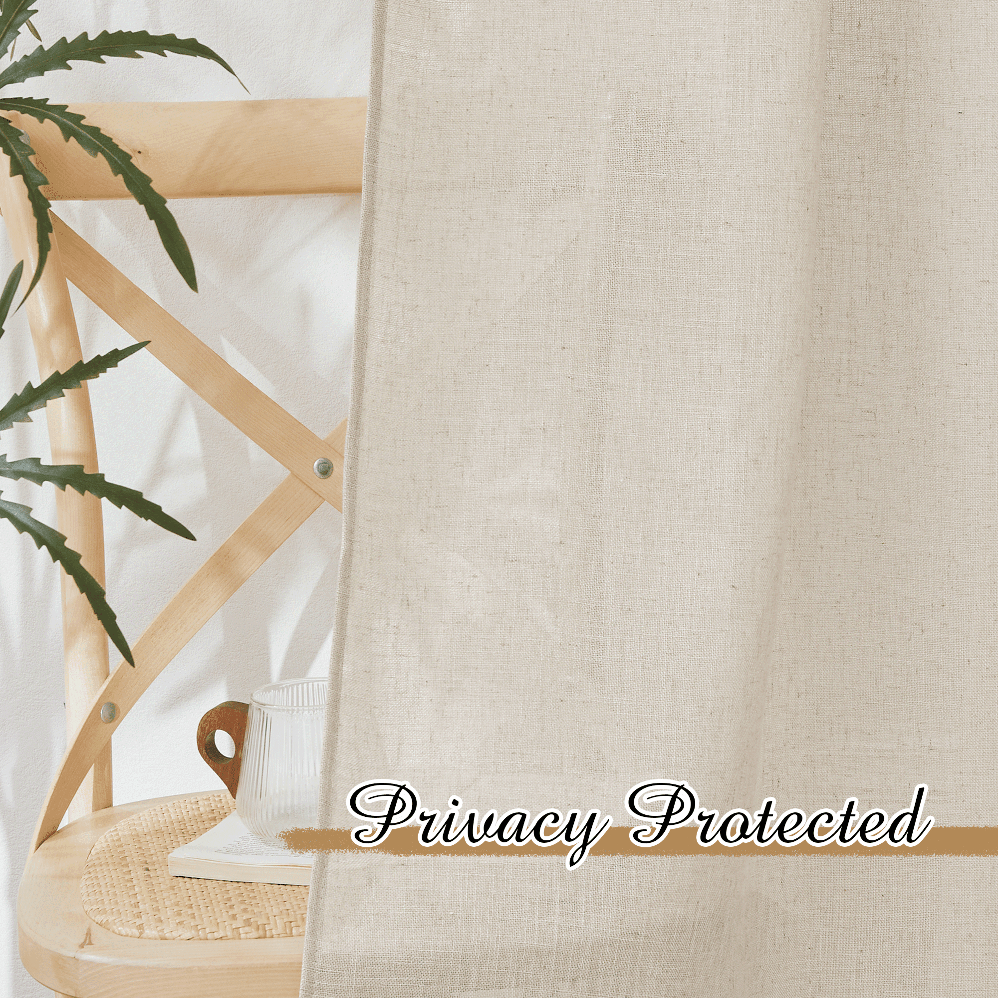 NICETOWN Semi Sheer Linen Curtains for Living Room, Light Filter Privacy Rod Pocket Back Tab Boho Linen Curtains for Nursery, Light Beige, 52"x95", Set of 2