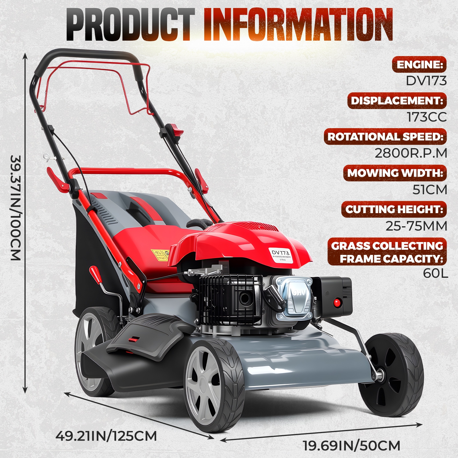 173cc Powerful Self-Propelled Lawn Mower, 20-Inch Cutting Deck with 60L Grass Catcher for Large Yard, Patio, and Landscaping