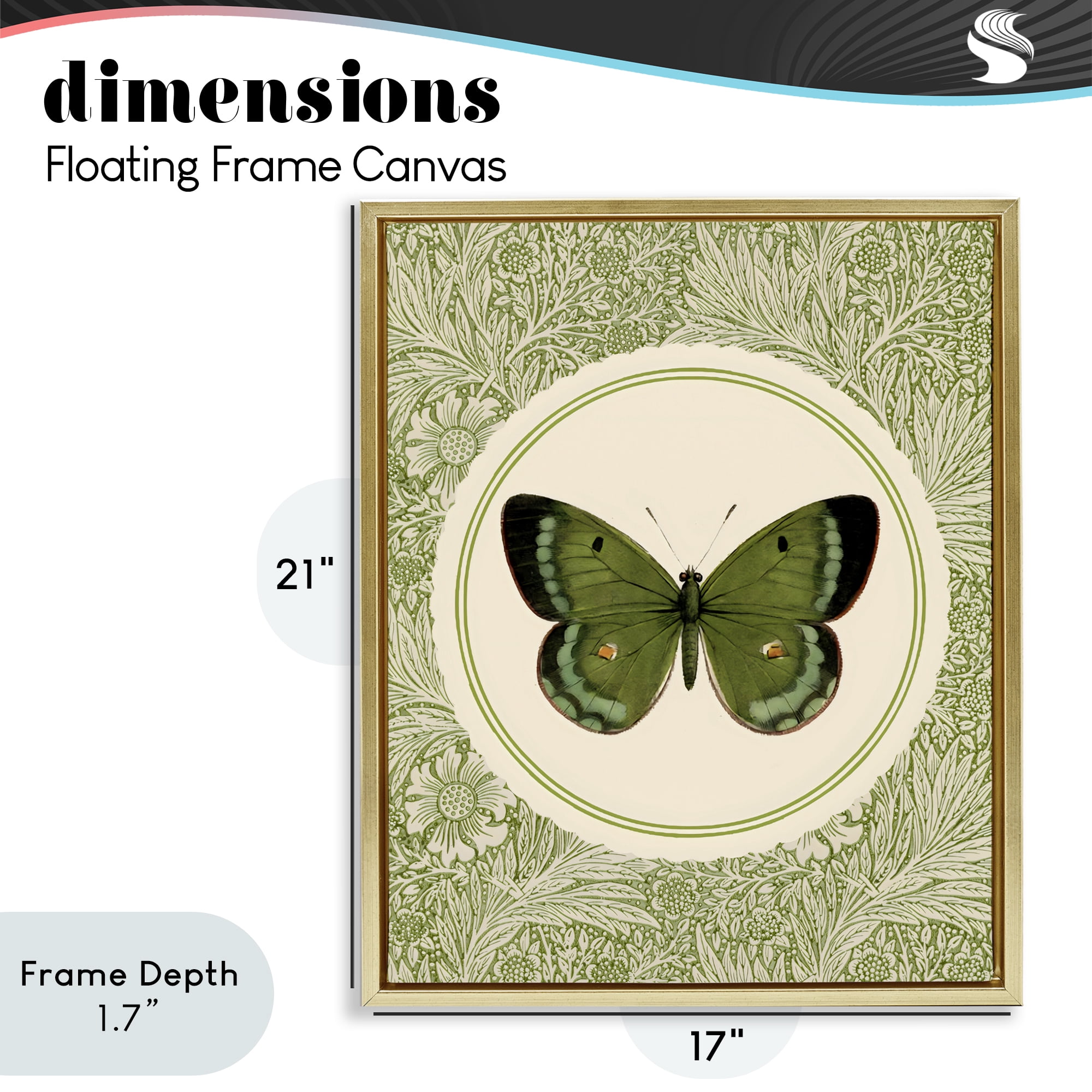 Stupell Industries Green Butterfly Botanical Medallion Gold Framed Floater Canvas Wall Art, design by LSR Design Studio
