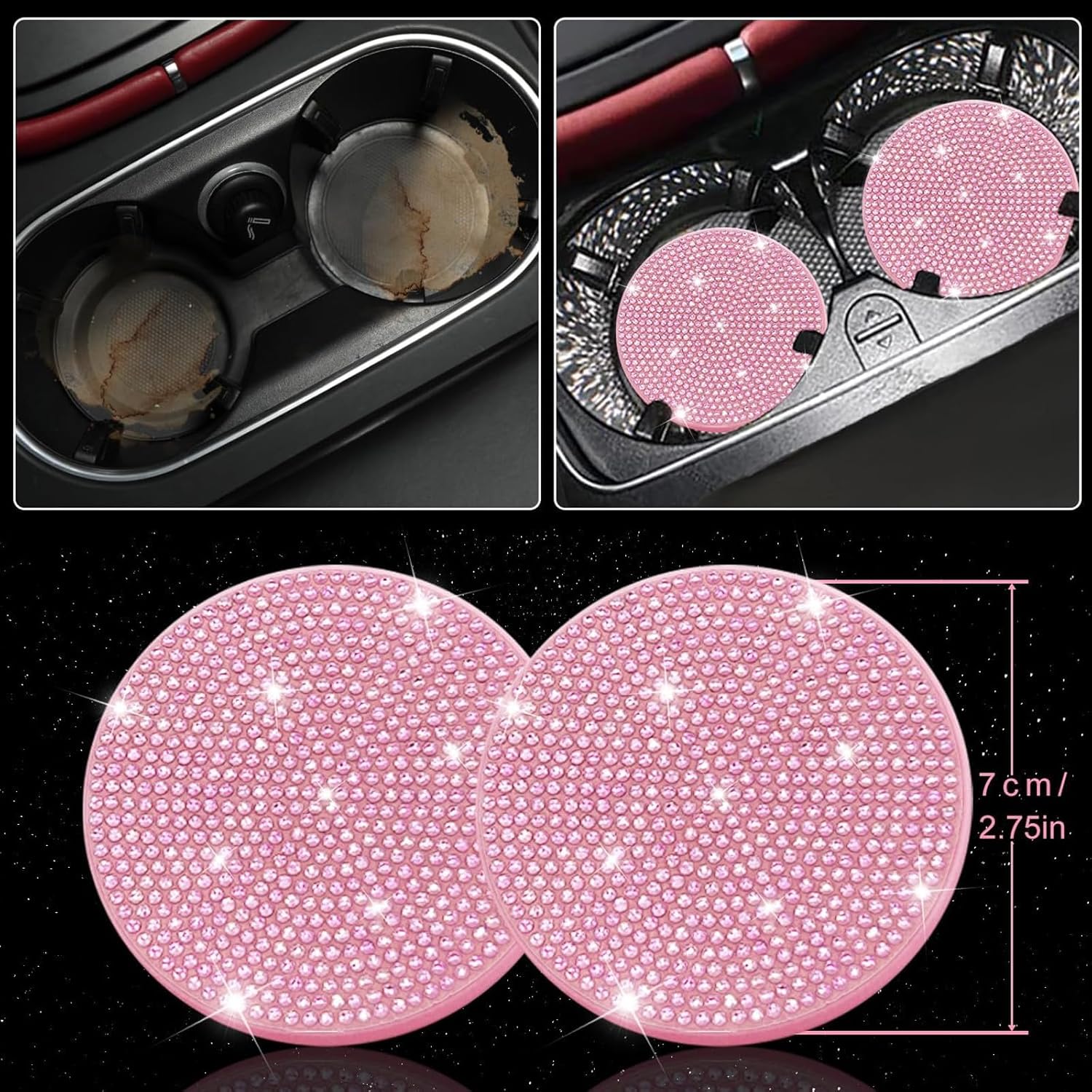 27 Pcs Pink Bling Car Accessories Set for Women, Steering Wheel Cover with Rhinestone Console Cover Seat Belt Cushion Shift Knob Cup Coaster Car Hanging (Pink)