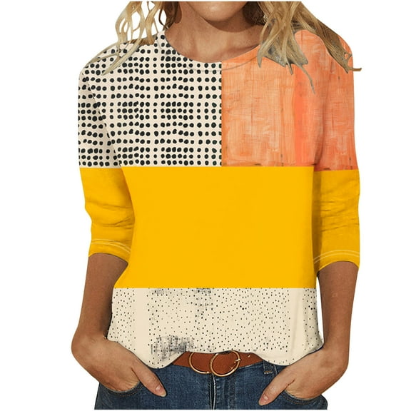 Charella Women's Printed Tops Vintage Checkered Crew Neck 3/4 Sleeve Tee Shirts Casual Loose Fit Clothes (XL, Yellow 1)