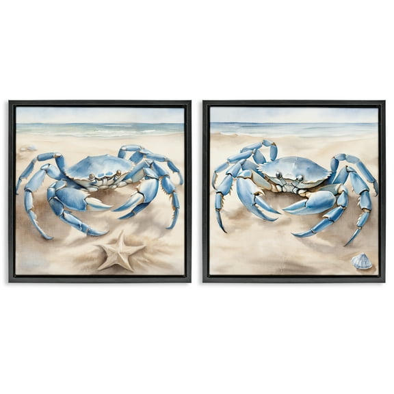 Stupell Industries Nautical Blue Crabs Beach Animals Painting Black Floater Framed Canvas Art Print Wall Art, 18 x 18, Set of 2