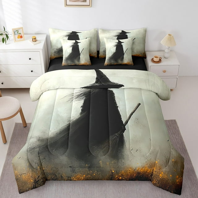 Erosebridal Ensemble de Literie Noir Sorcière Tout-en-un Format Grand Lit, Ensemble de Lit Rustique de Rue, Literie Réversible Style Ferme Format Grand Lit, Microfibre Décor de Chambre, 7 Pcs