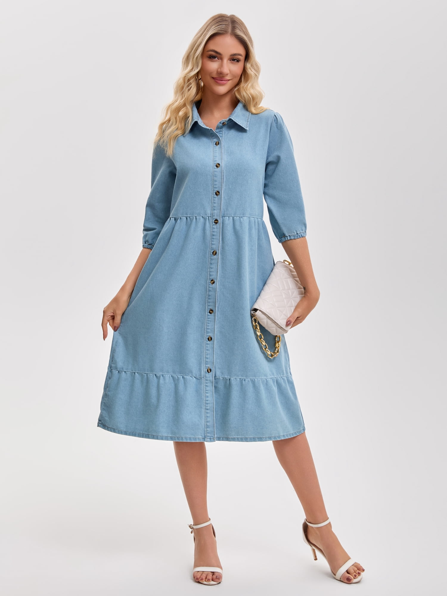 DARING DIVA Women's 3/4 Sleeve Button Down Collar Swing Tiered Dress M Pale Blue