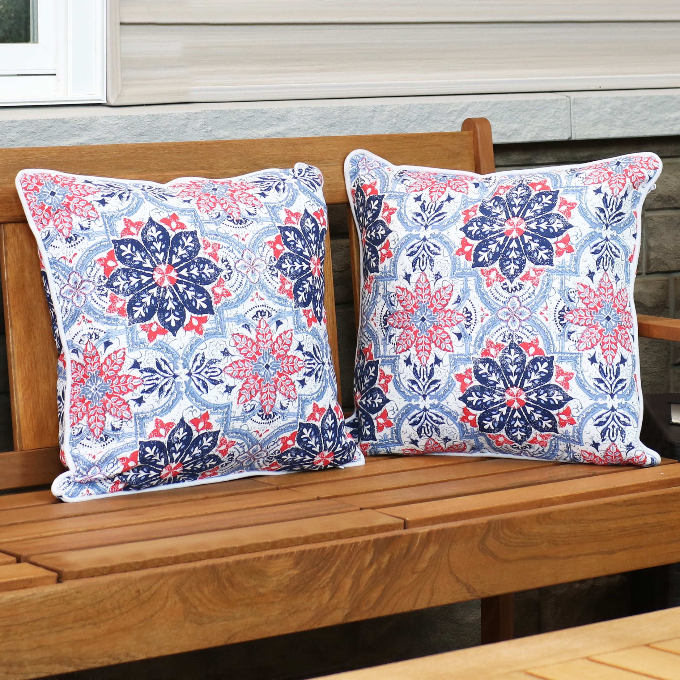 Sunnydaze 16" x 16" Red and Blue Floral Polyester Square Outdoor Throw Pillows, 2 Count
