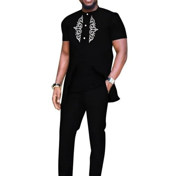 African Shirts and Pants for Men 2 Pieces Set Long Sleeve Matching Applique African Dashiki Mens Outfits Slim Fits