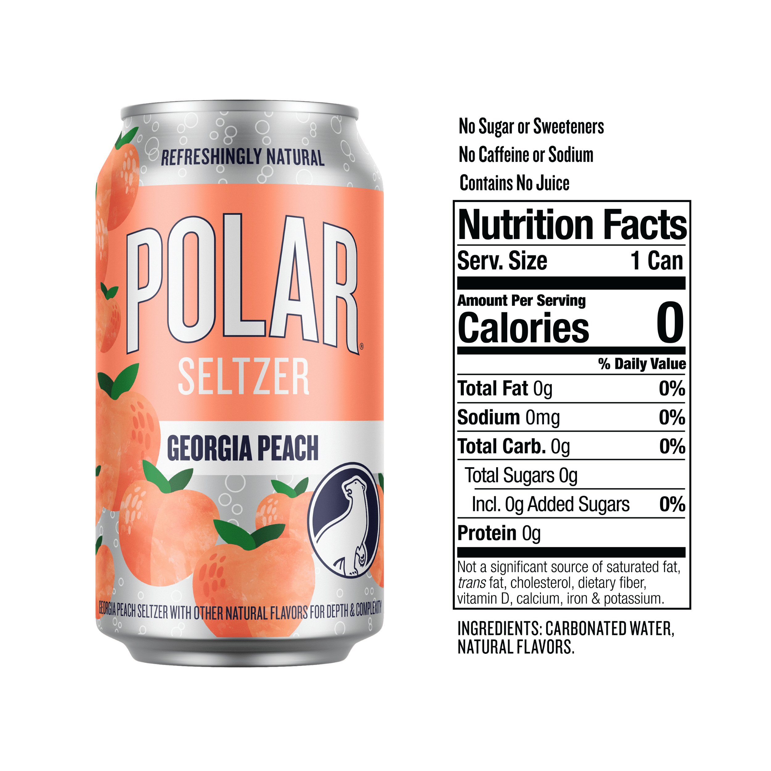 Polar Zero Calorie Georgia Peach Sparkling Seltzer Water, 12 fl oz, 18 Pack Cans
