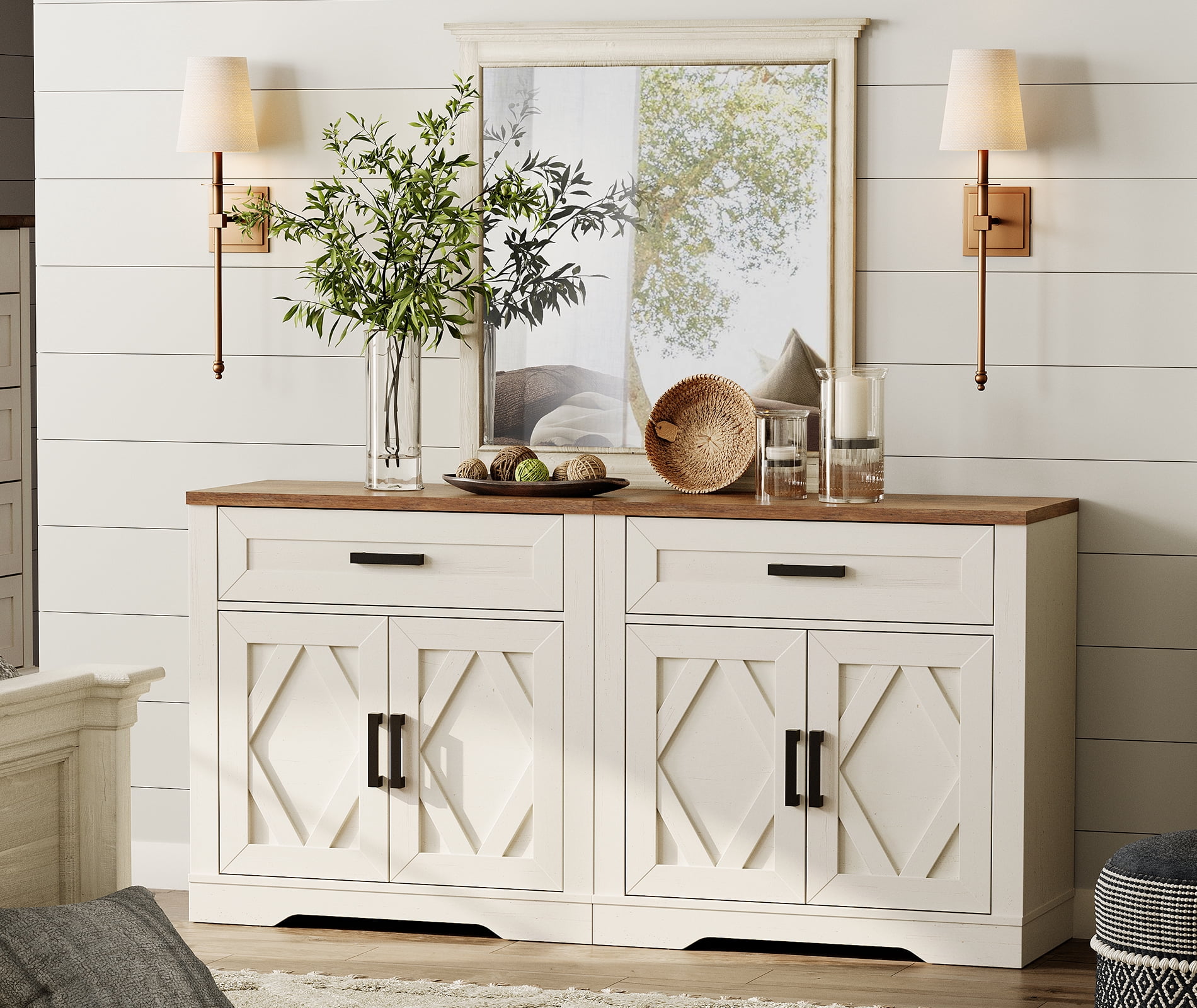 WAMPAT 2-in-1 TV Stand for up to 75" TVs,Farmhouse Entertainment Center with Storage Barn Door Cabinet,TV Console Table with Media Cabinet and Drawers for Living Room,Bedroom,Cream White