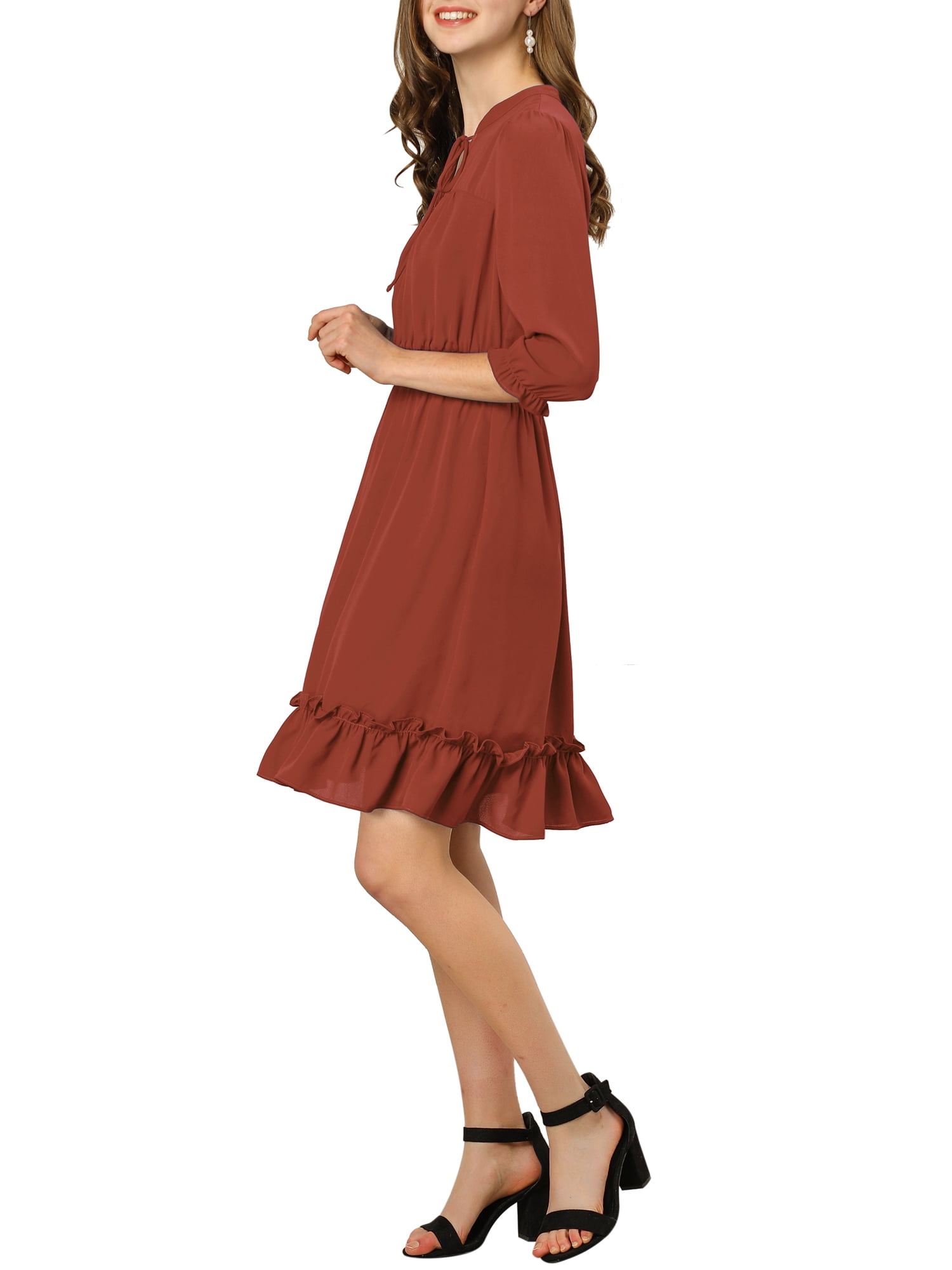 DARING DIVA Tie V Neck Chiffon 3/4 Sleeve Smocked Mini A-Line Dress L Candy