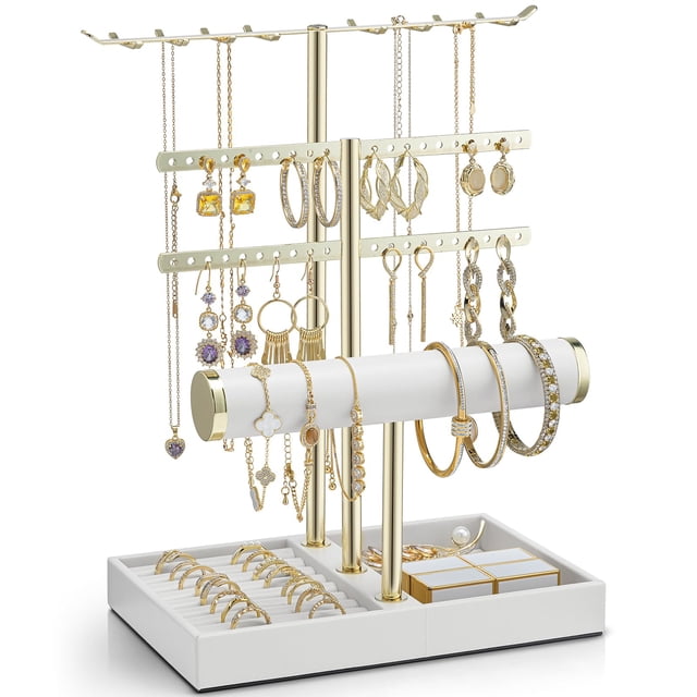 Organizador de Joyas Vlando de 3 Niveles en Cuero Blanco y Dorado