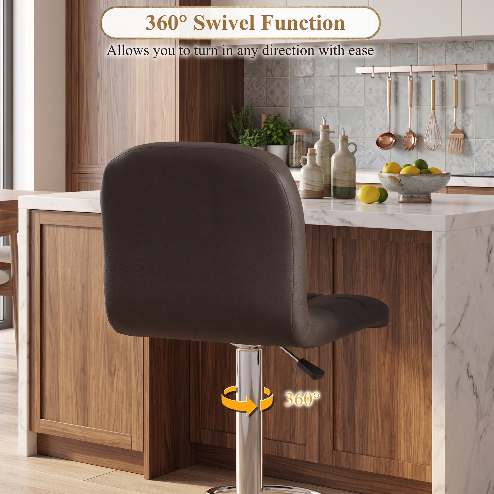 Furnibear Swivel Bar Stools Set of 2, 24-32 Inch Adjustable Height Counter Height Barstools with Footrest, 360 Degree Swivel Faux Leather Padded Kitchen Island, Brown
