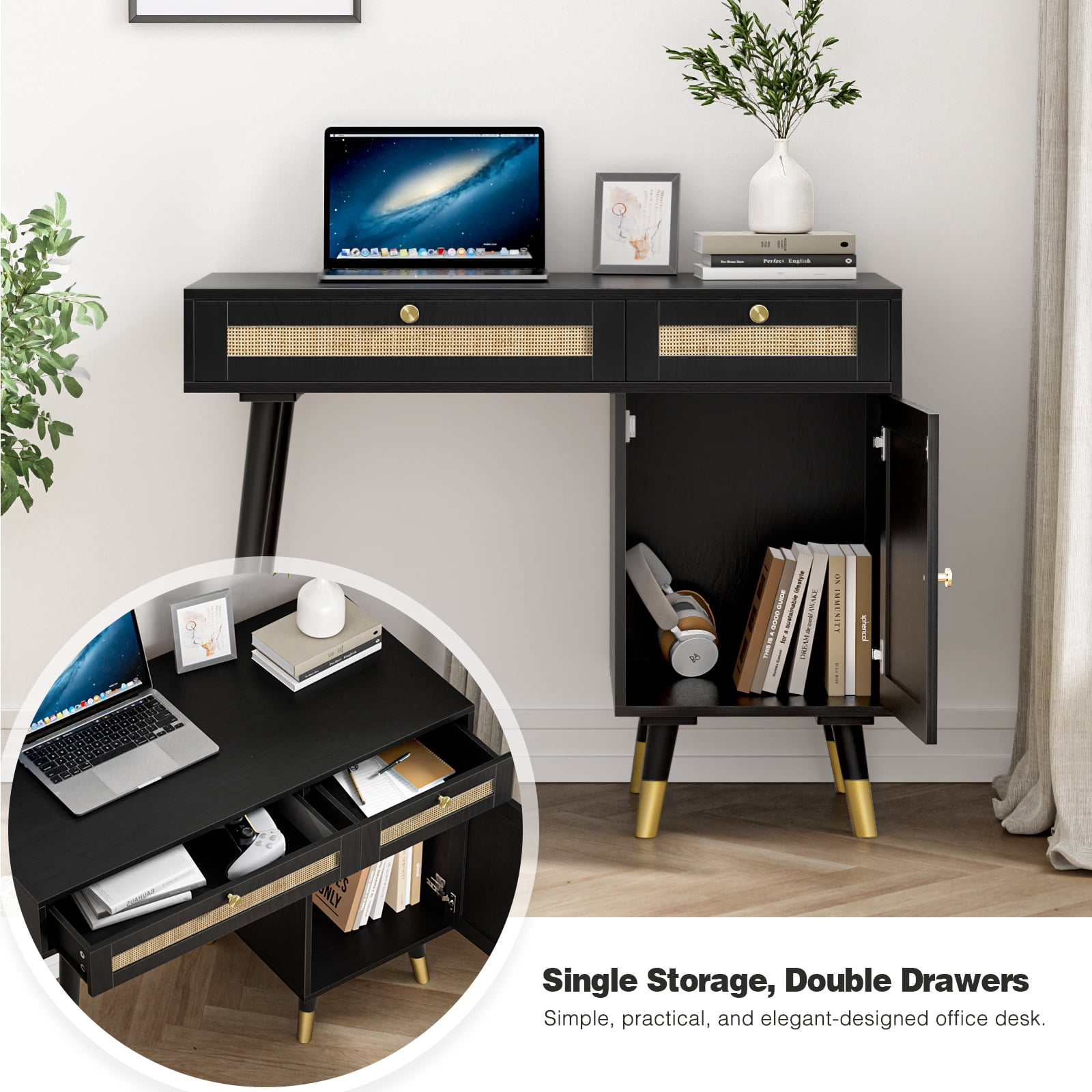 Eumyviv Multipurpose Rattan Furniture, Desktop Computer Desk with Storage, Office Room Desk, Black D0005