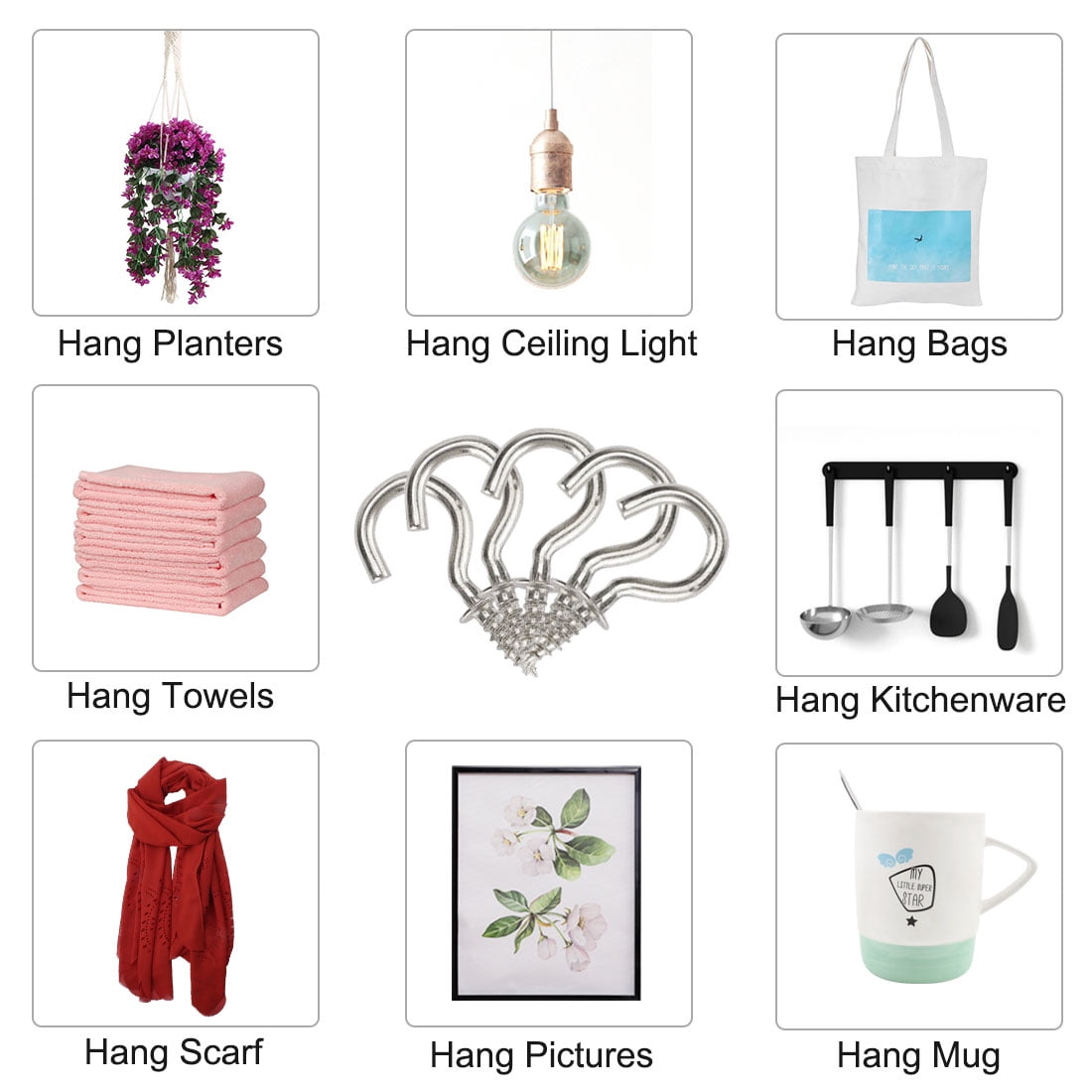 Unique Bargains 20 Pcs Cup Ceiling Hooks Screw Hanger Indoor Outdoor Silver Tone