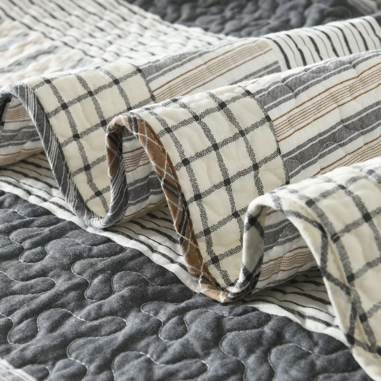 Bedduvit 100% Cotton King Size Quilt Set, Light Gray Brown Black Striped  Lightweight King Quilt Bedspread, Farmhouse Breathable King Quilt