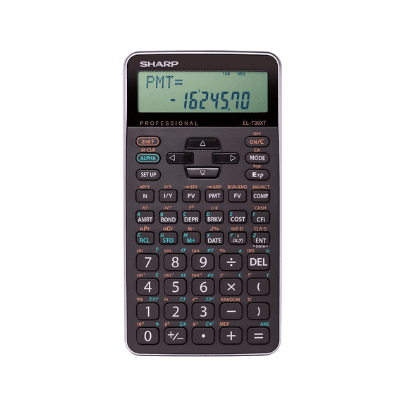 SHARP EL738XT 10-Digit Financial Calculator, <ul><li>Large 10 digit, 2 line LCD display, 1 variable and 2 variable statistics calculations</li><li>Handy scientific functions, 11 memories</li><li>Time value money solver, Amortization calculation</li><li>Cash flow analysis, NPR, IRR, Depreciation with three different methodologies</li></ul>