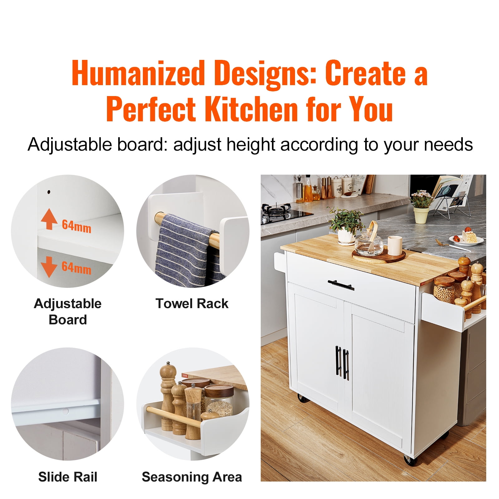 KFFKFF Kitchen Island, Mobile Kitchen Cart with Sturdy Wood Surface, 35.4" Broad, Equipped with Storage Compartment, Movable Kitchen Table with Spice Holder, Towel Holder, Drop Leaf and Drawer