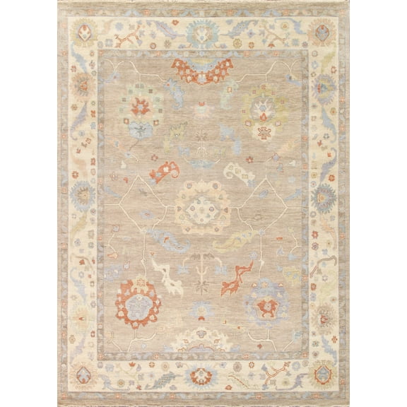 Pasargad Home Oushak 9' x 12' Hand-Knotted Wool Beige/Ivory Rug - All Ages, Indoors
